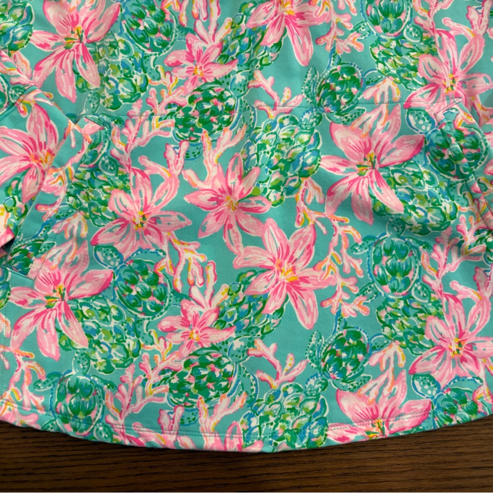 Lilly Pulitzer Quarter Zip- Pink & teal floral print with sea turtles. - Picture 7 of 12